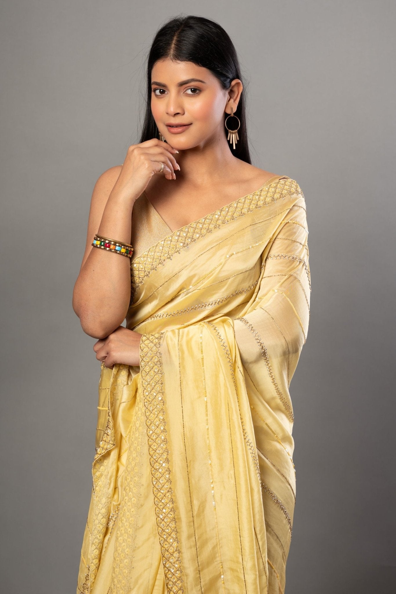Light Yellow Heavy Embroidery Satin Silk Saree - Anvi Couture - Image 3