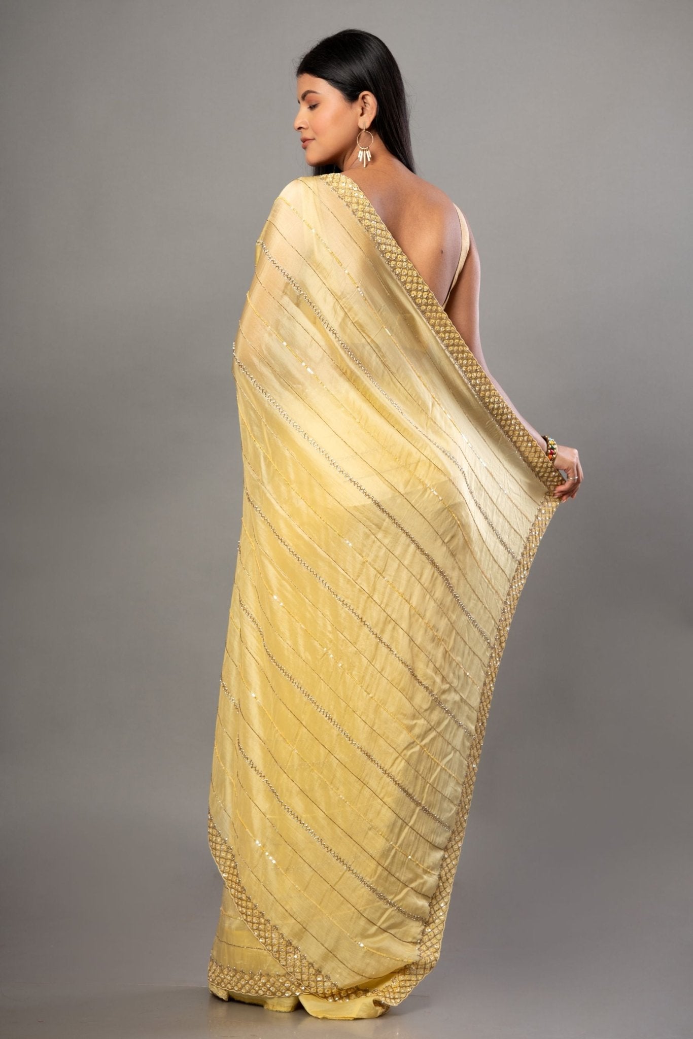 Light Yellow Heavy Embroidery Satin Silk Saree - Anvi Couture - Image 4
