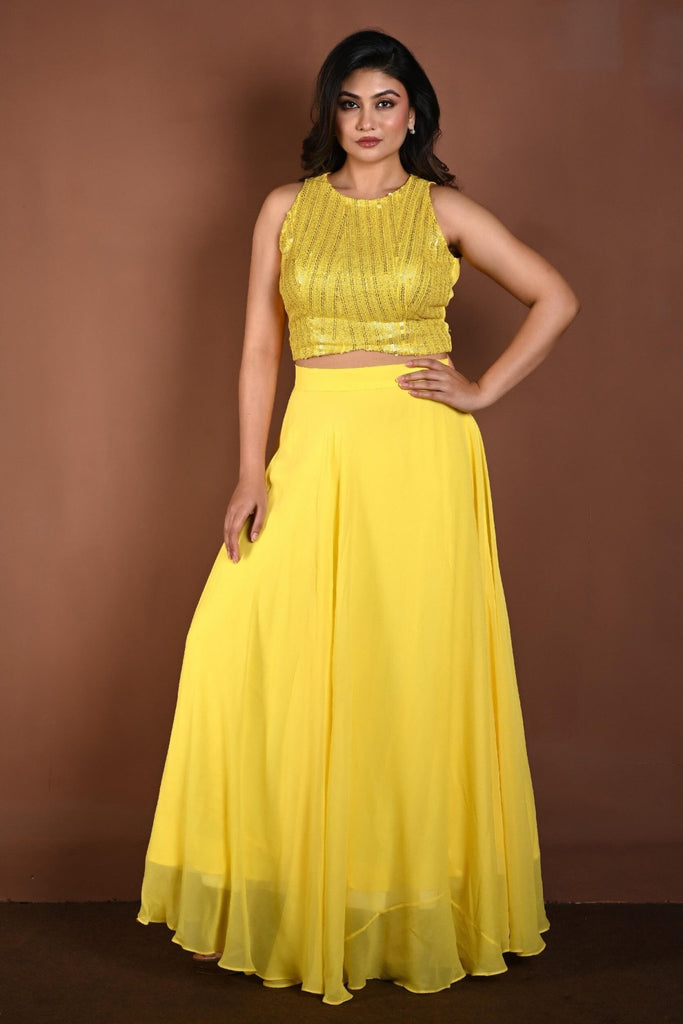 Light Yellow Lehenga Set with Sequins Sleeveless Top