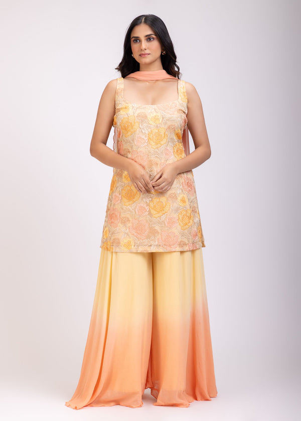 Light Yellow and Peach Sharara Set With Floral Embroidery  full