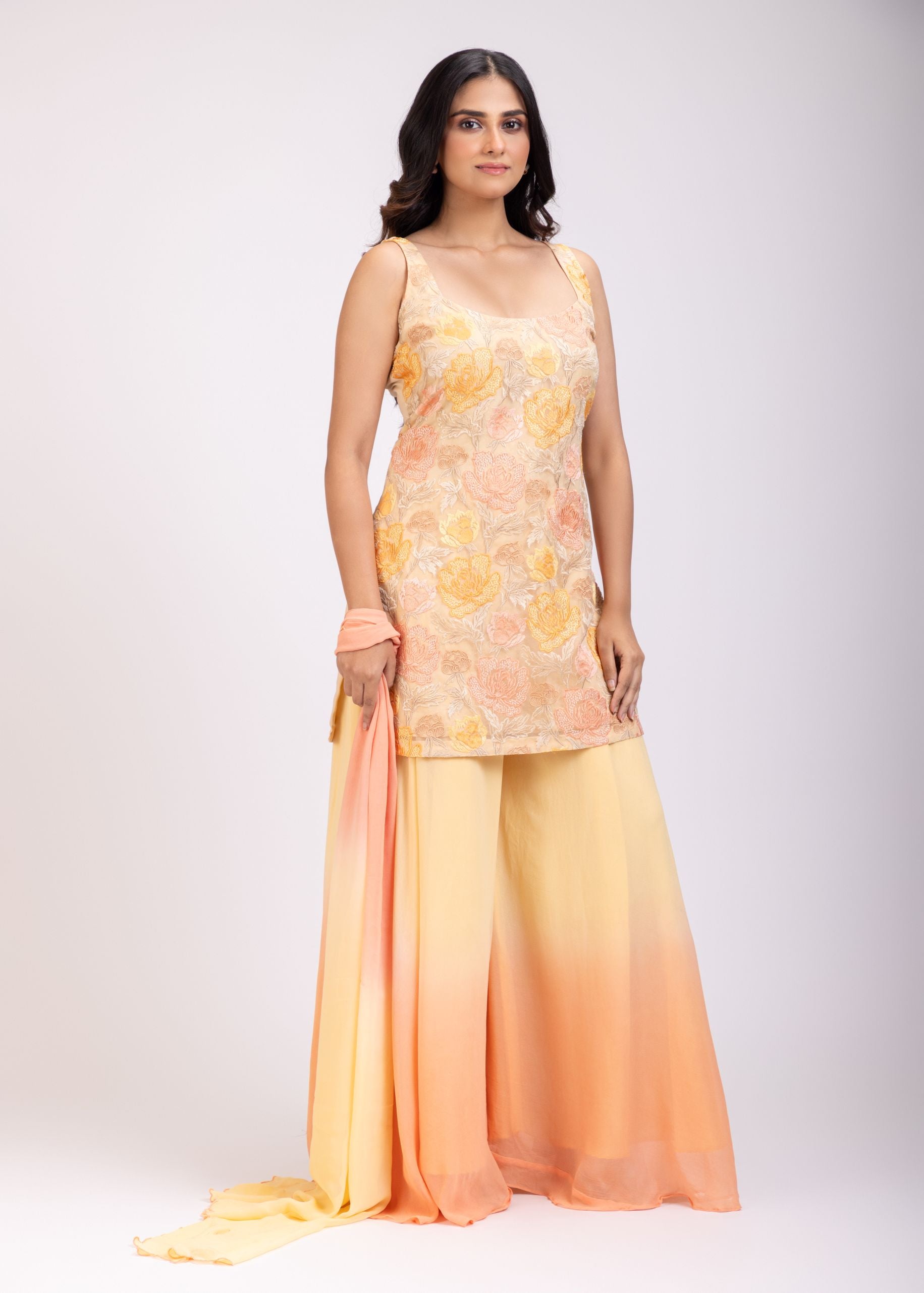 Light Yellow and Peach Sharara Set With Floral Embroidery front