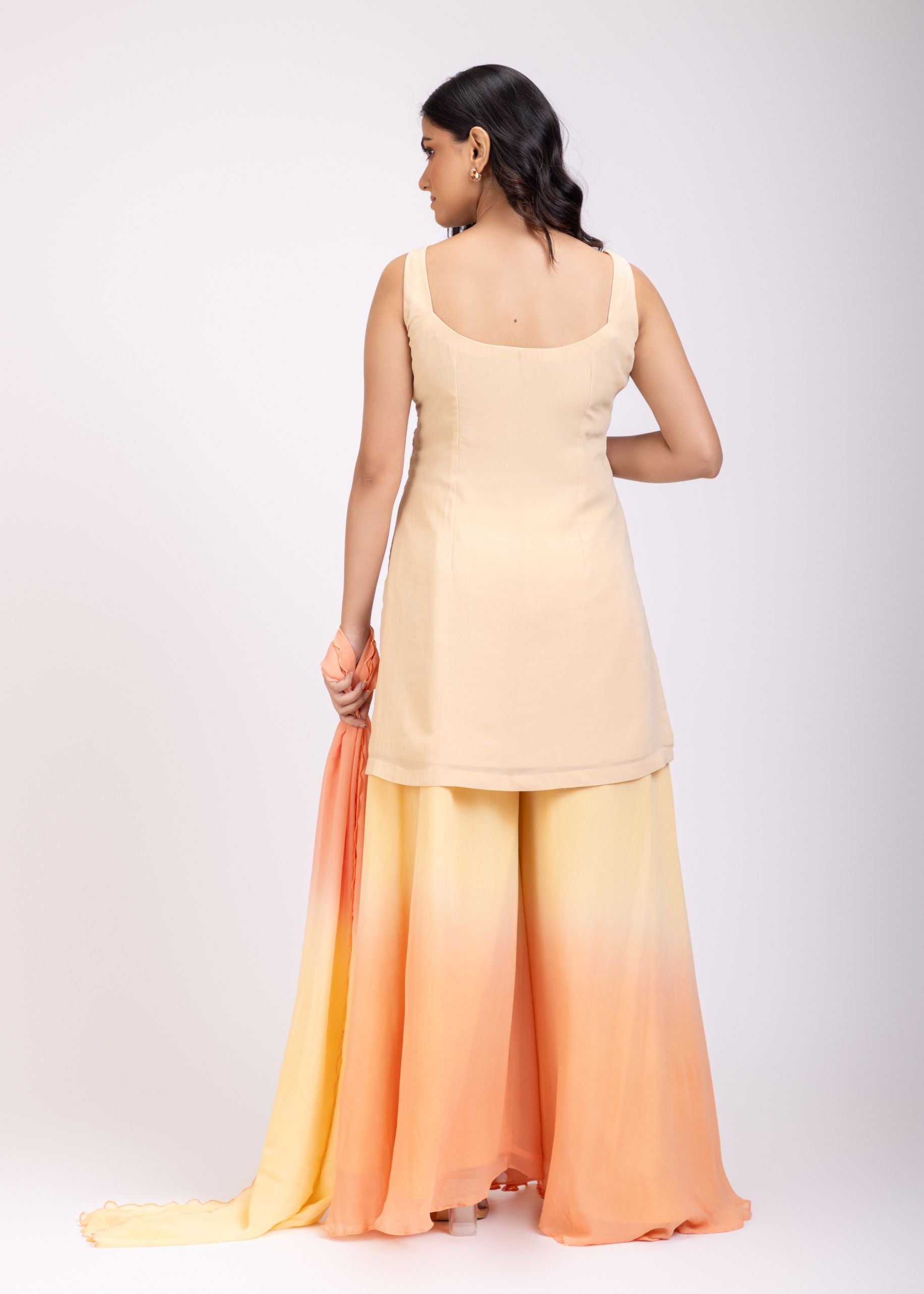 Light Yellow and Peach Sharara Set With Floral Embroidery back