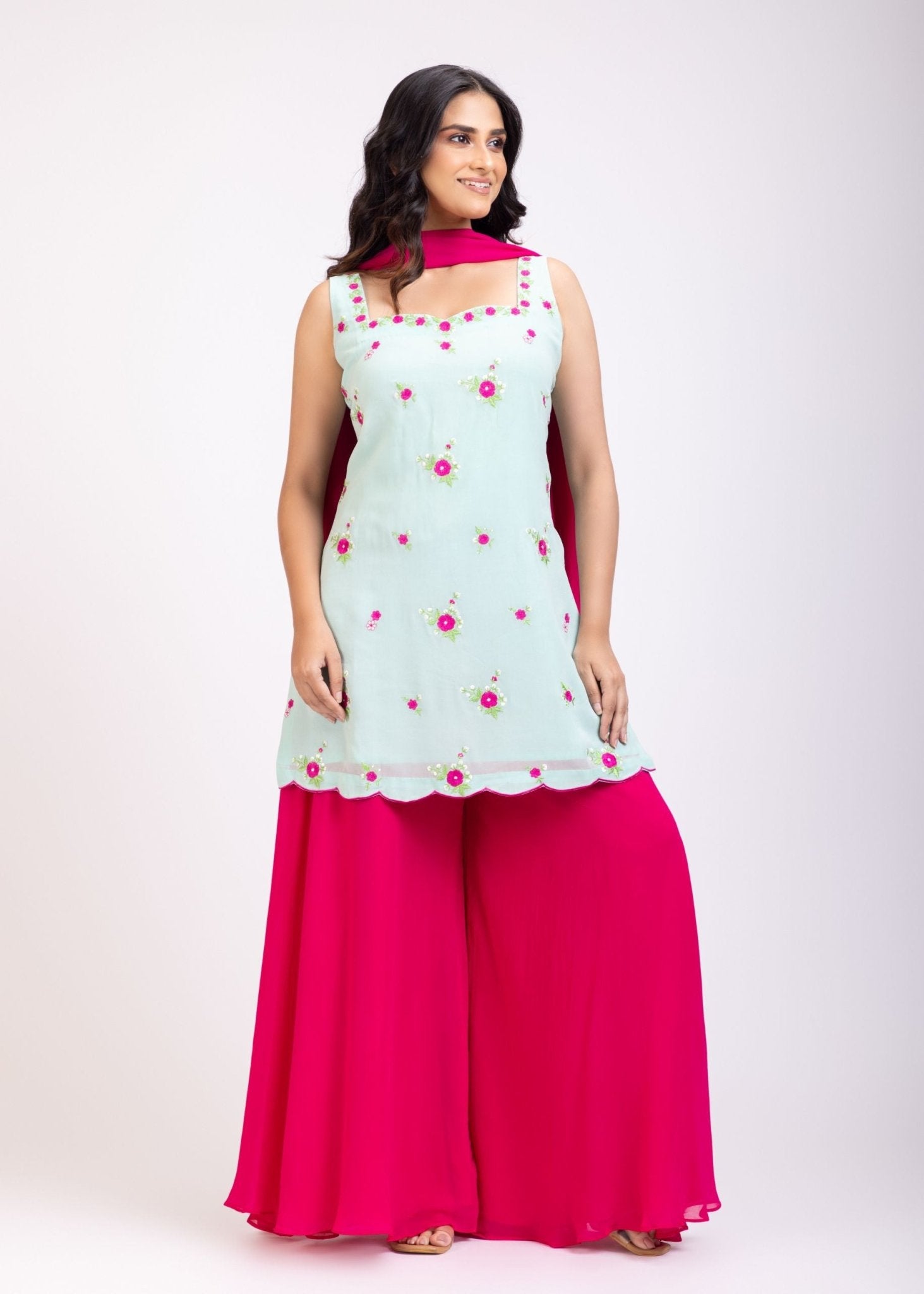 Light blue and Pink Sharara Set With Floral Embroidery - Anvi Couture