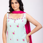 Light blue and Pink Sharara Set With Floral Embroidery close up