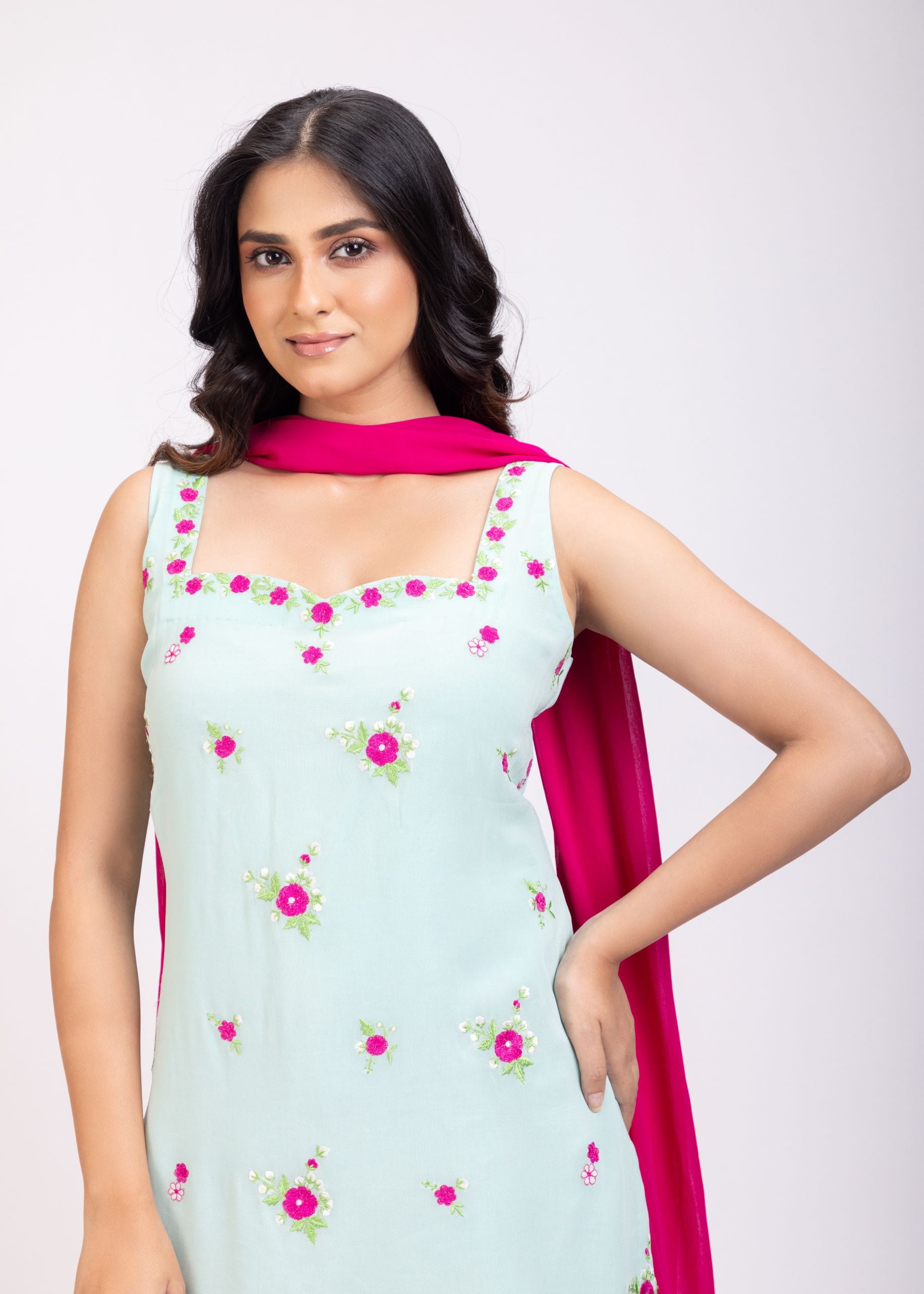 Light blue and Pink Sharara Set With Floral Embroidery close up