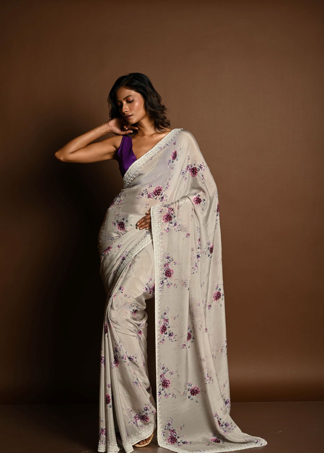 Light grey satin silk saree – pallu with floral print and sequin detailing