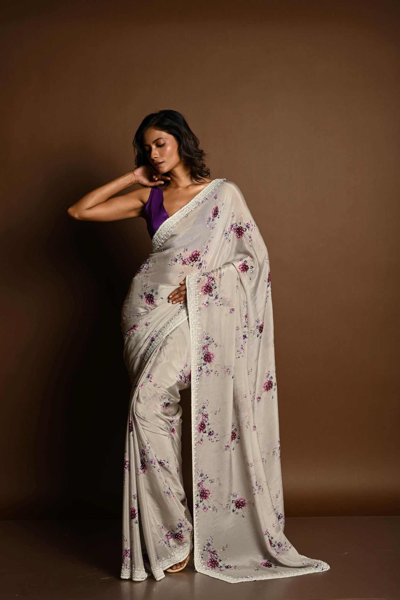 Light grey satin silk saree – pallu with floral print and sequin detailing