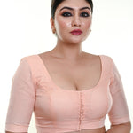 Light Peach Organza Blouse with Front Button Closure and Half Sleeves - Anvi Couture