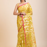 Lime Green Handloom Organza Silk Jamdani Saree - Anvi Couture