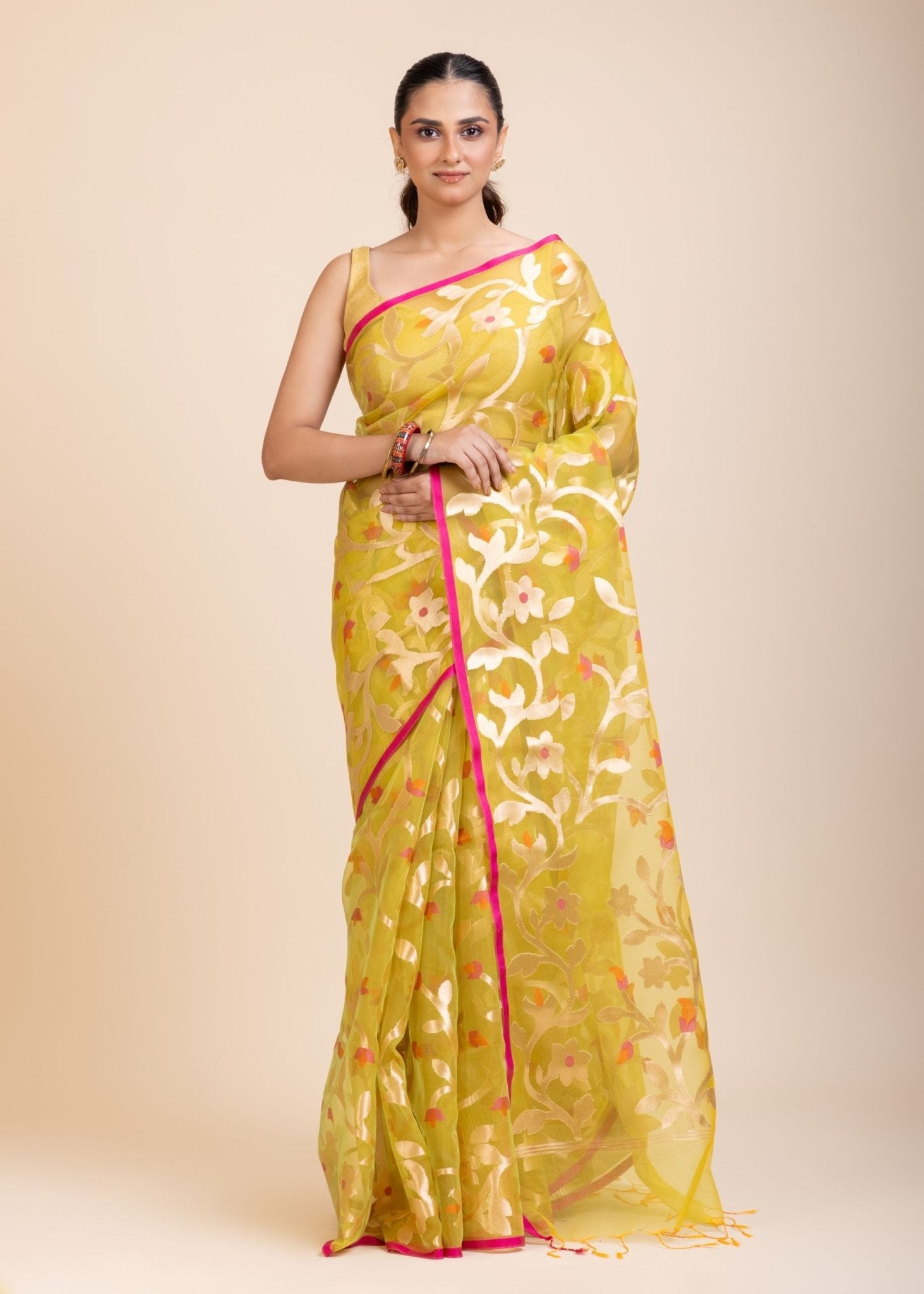 Lime Green Handloom Organza Silk Jamdani Saree
front