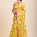 Lime Green Handloom Organza Silk Jamdani Saree - Anvi Couture