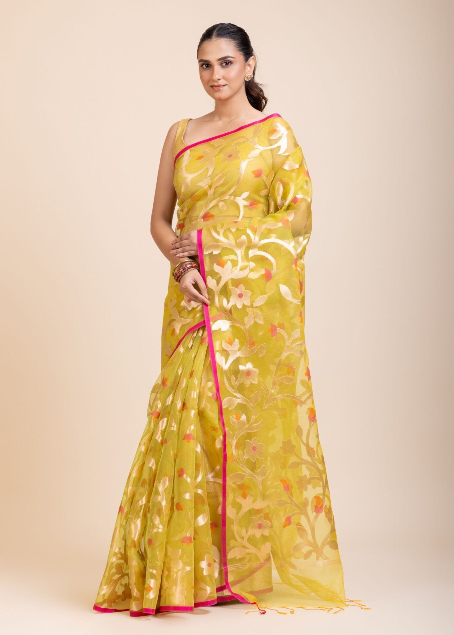 Lime Green Handloom Organza Silk Jamdani Saree - Anvi Couture