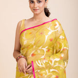 Lime Green Handloom Organza Silk Jamdani Saree - Anvi Couture