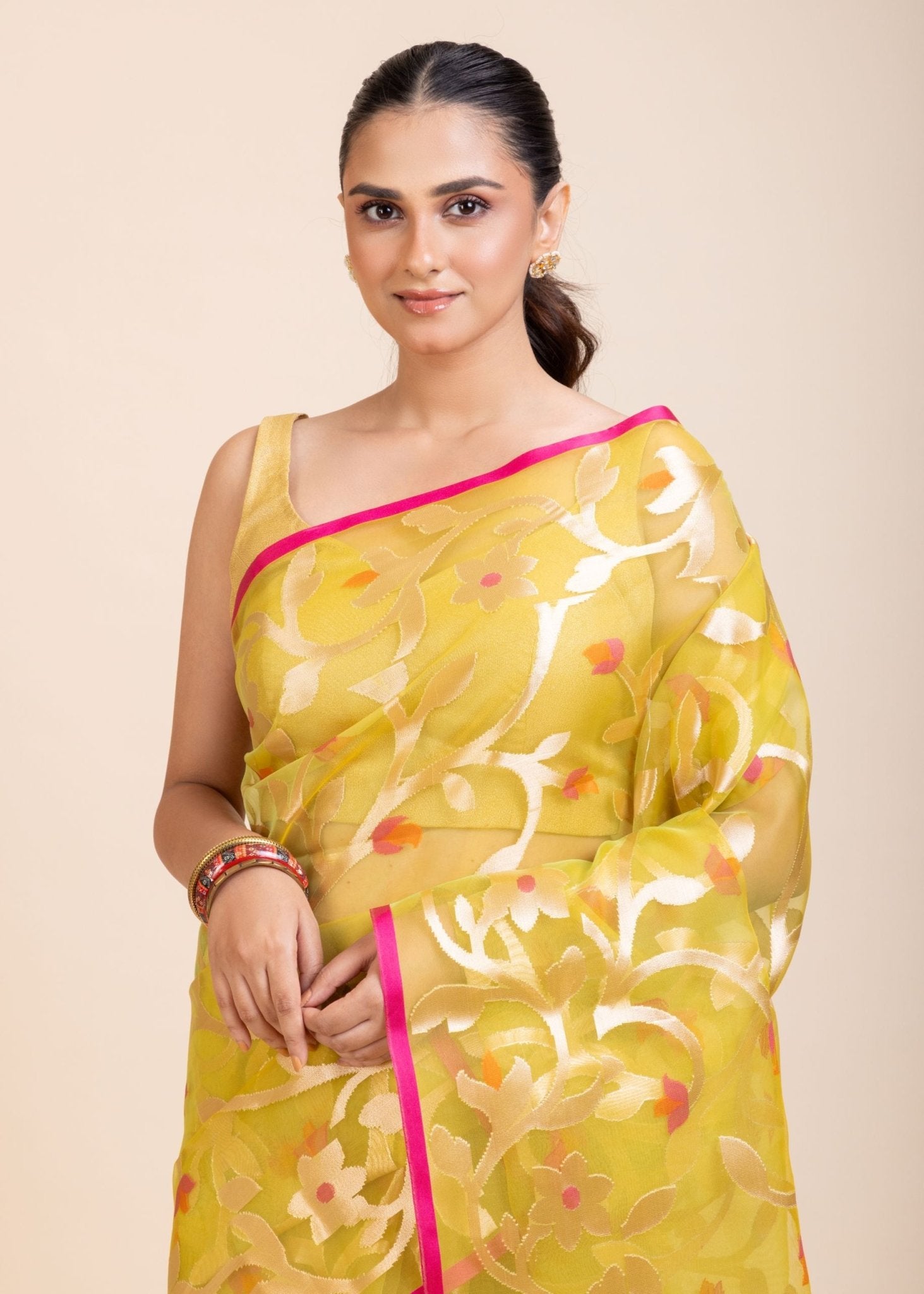 Lime Green Handloom Organza Silk Jamdani Saree - Anvi Couture