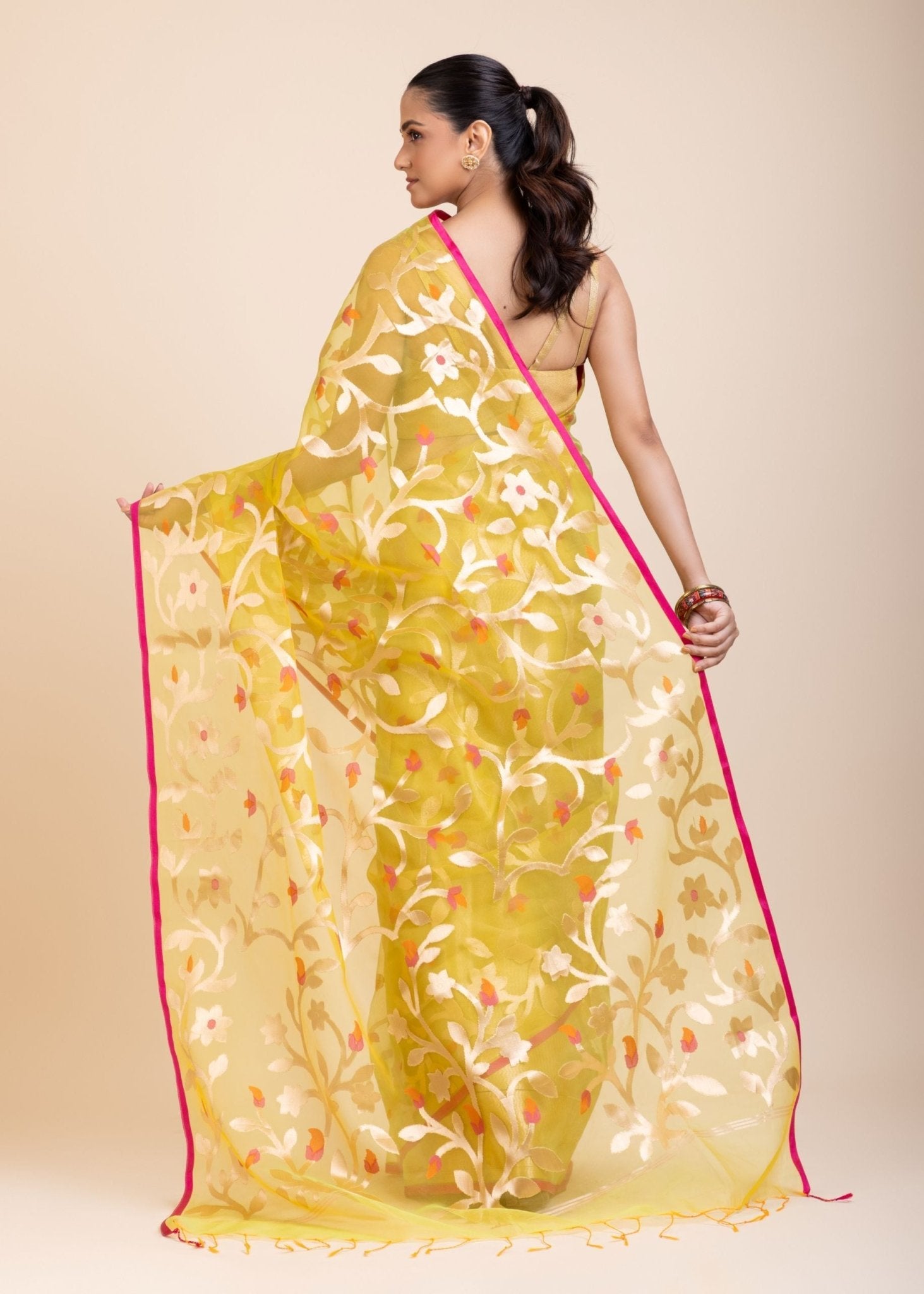 Lime Green Handloom Organza Silk Jamdani Saree - Anvi Couture