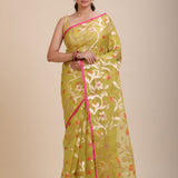 Lime Green Handloom Organza Silk Jamdani Saree Full
