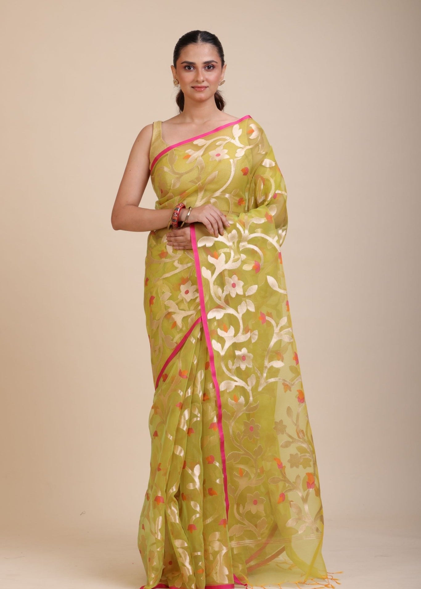 Lime Green Handloom Organza Silk Jamdani Saree - Anvi Couture