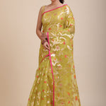 Lime Green Handloom Organza Silk Jamdani Saree Front
