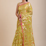 Lime Green Handloom Organza Silk Jamdani Saree Front
