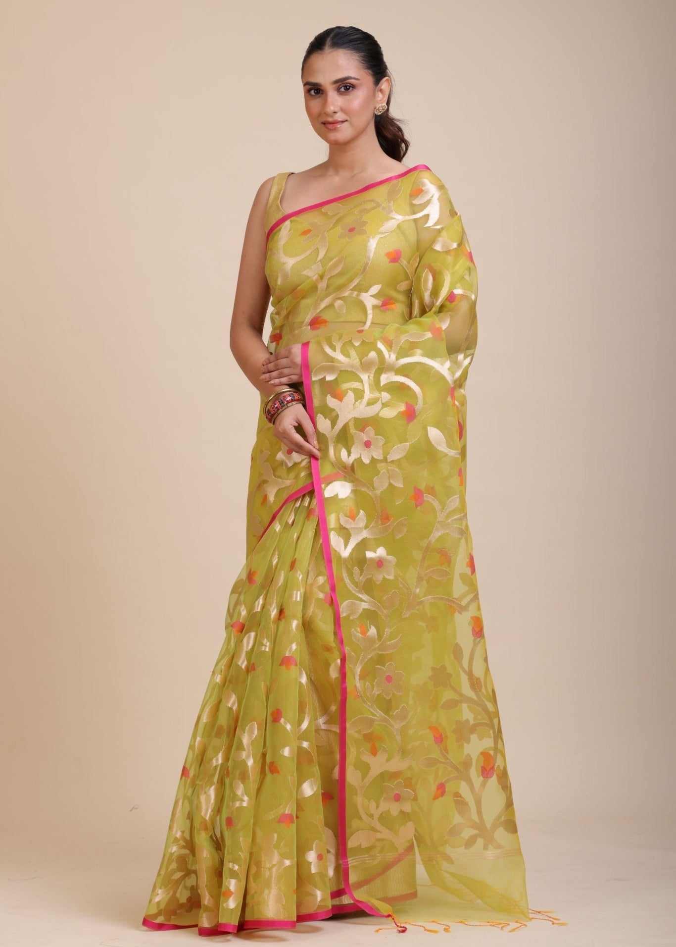 Lime Green Handloom Organza Silk Jamdani Saree - Anvi Couture