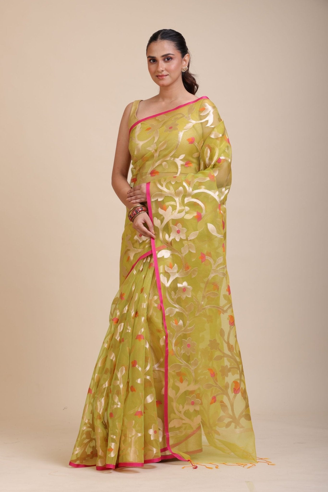 Lime Green Handloom Organza Silk Jamdani Saree - Anvi Couture