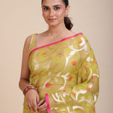 Lime Green Handloom Organza Silk Jamdani Saree Close Up
