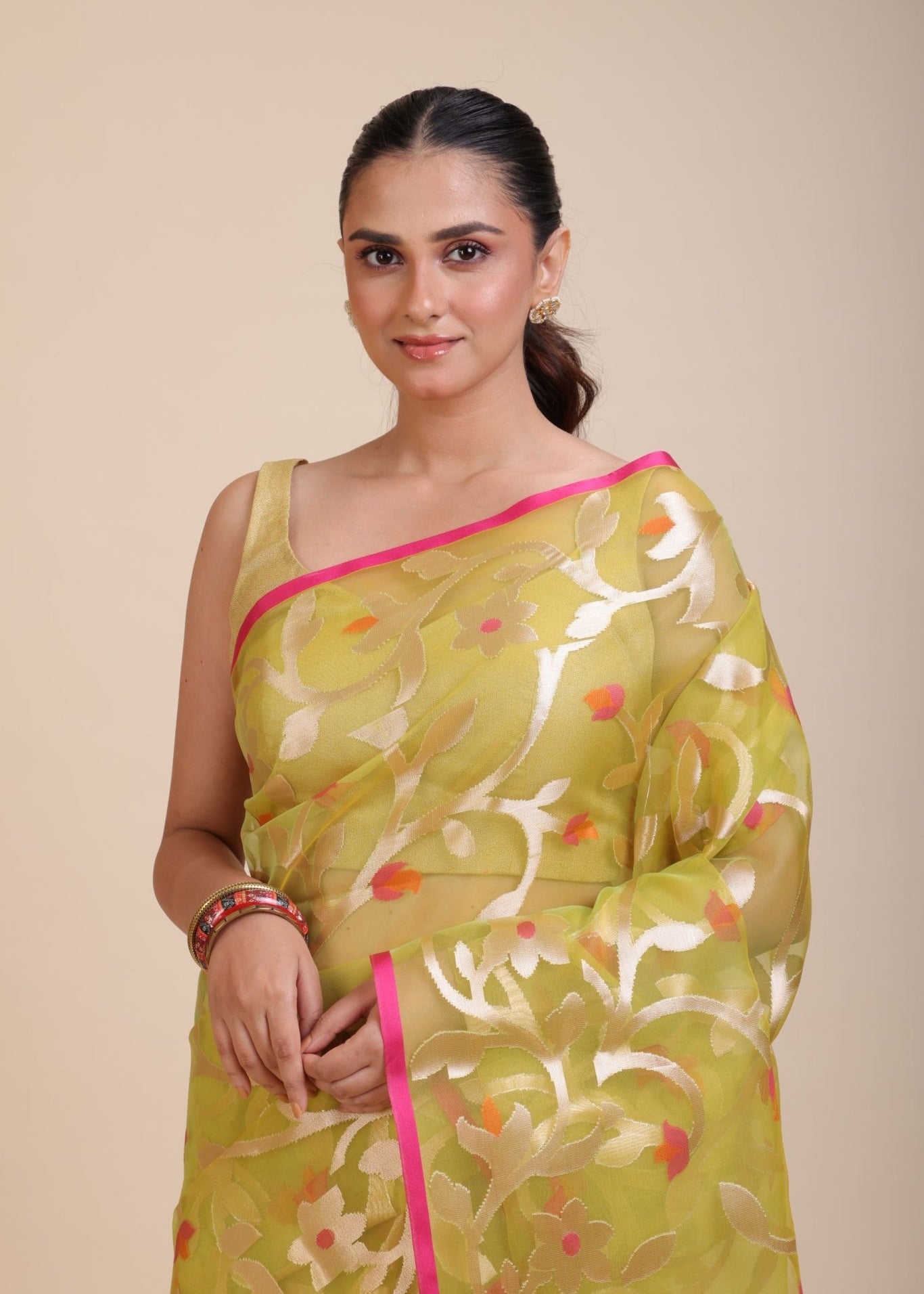 Lime Green Handloom Organza Silk Jamdani Saree - Anvi Couture