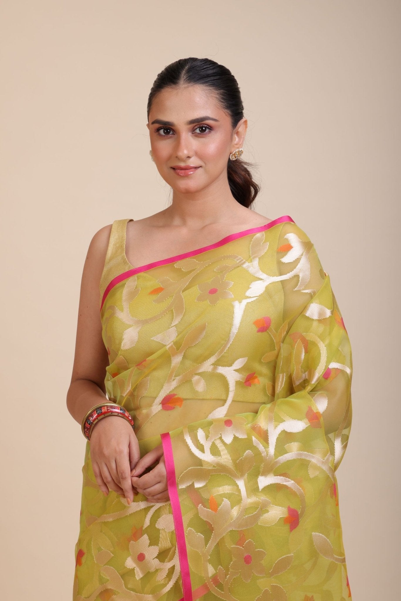 Lime Green Handloom Organza Silk Jamdani Saree - Anvi Couture