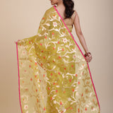 Lime Green Handloom Organza Silk Jamdani Saree Back
