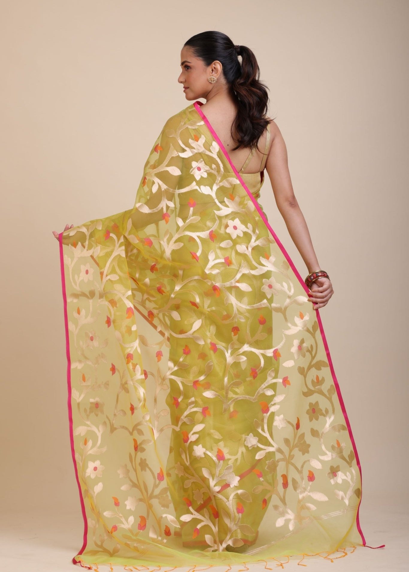 Lime Green Handloom Organza Silk Jamdani Saree - Anvi Couture