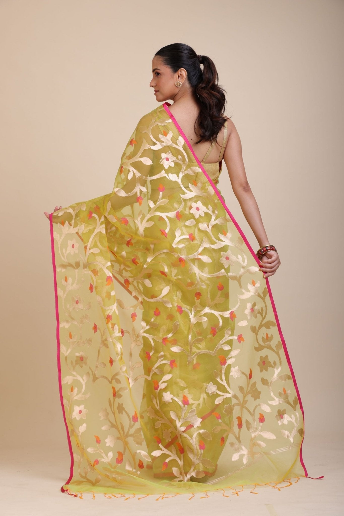 Lime Green Handloom Organza Silk Jamdani Saree - Anvi Couture