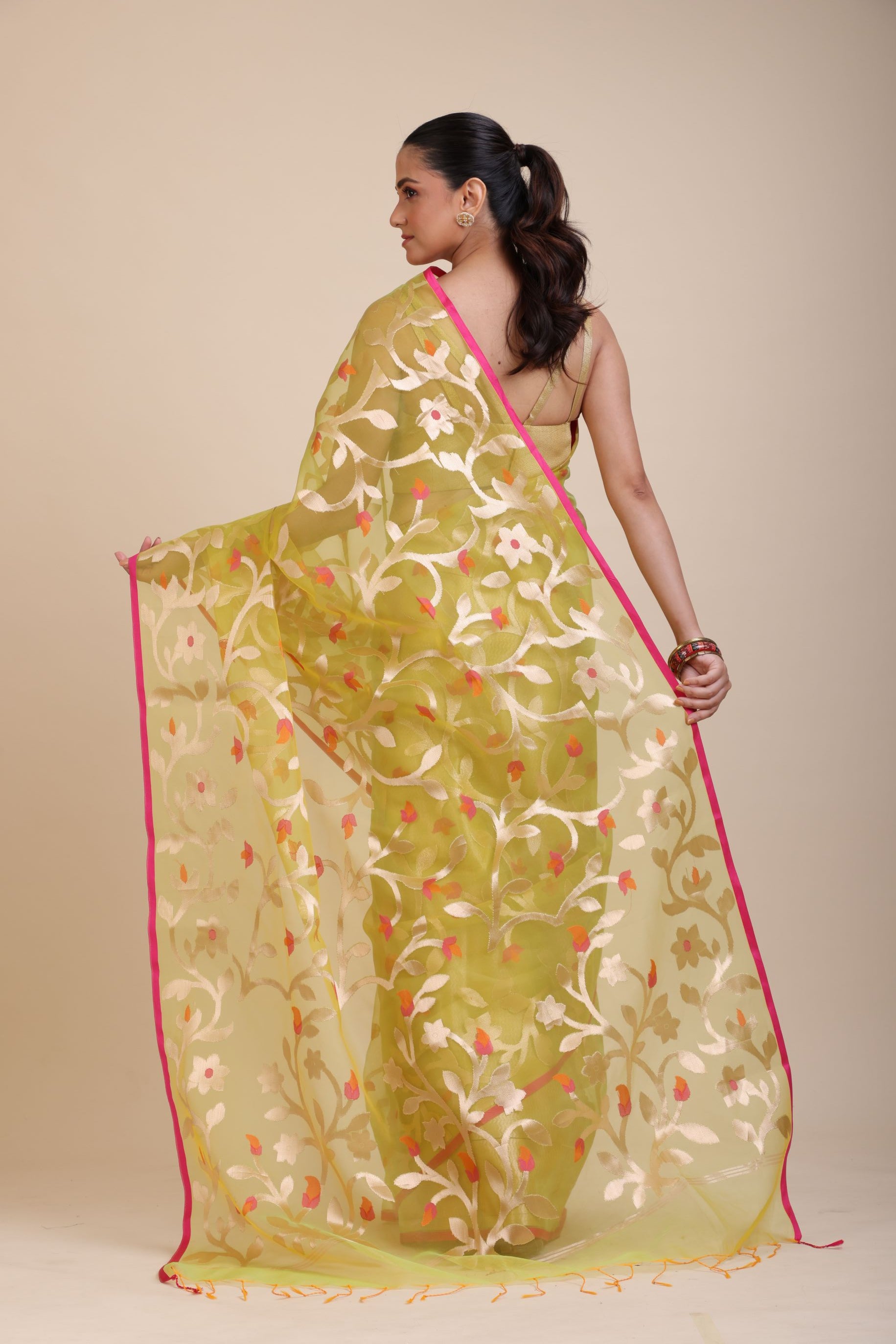 Lime Green Handloom Organza Silk Jamdani Saree Back
