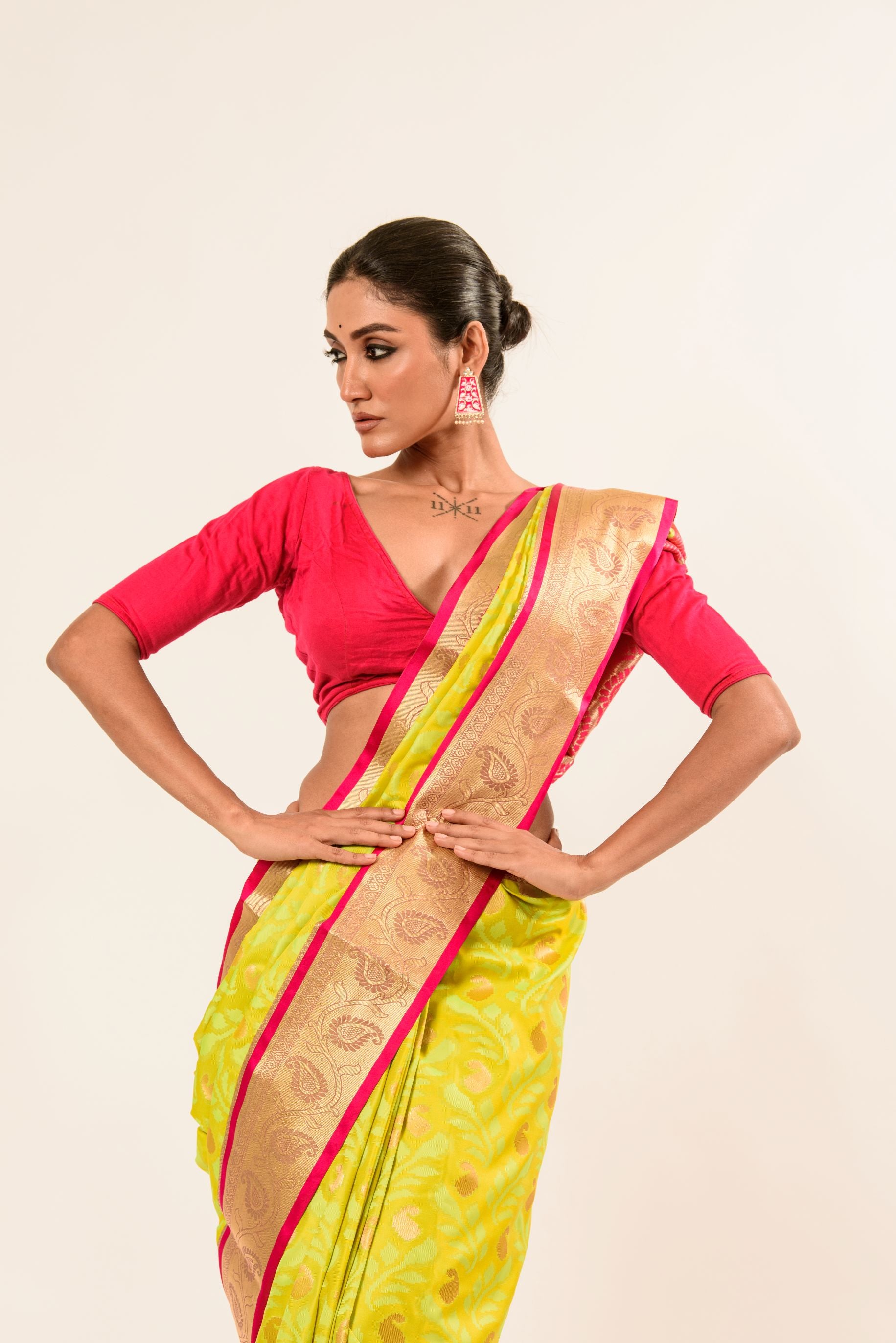 Lime Green Kanjivaram Silk Saree with Jaal Floral Buta Design