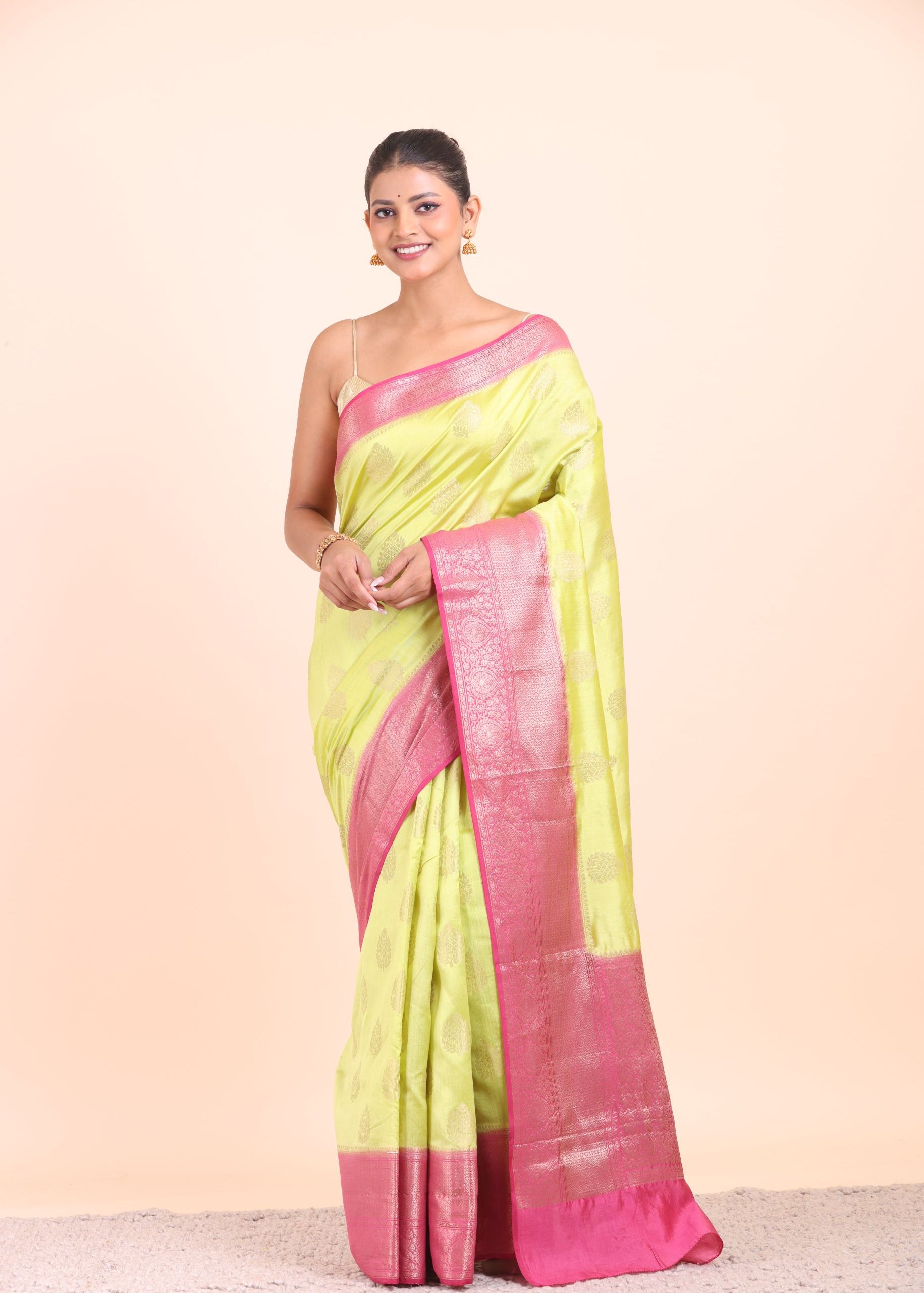 Lime Green and Pink Soft Silk saree full