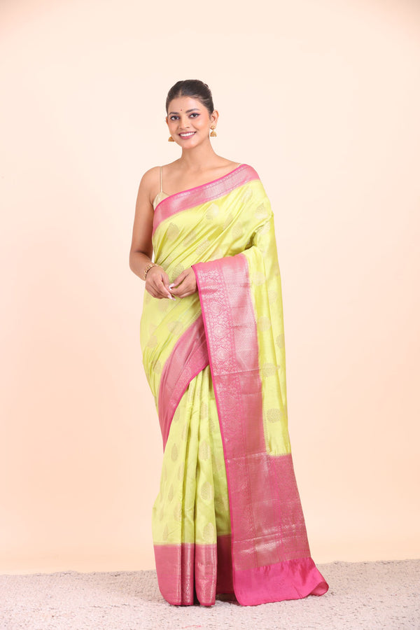 Lime Green and Pink Soft Silk saree full