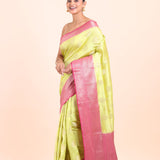 Lime Green and Pink Soft Silk saree front