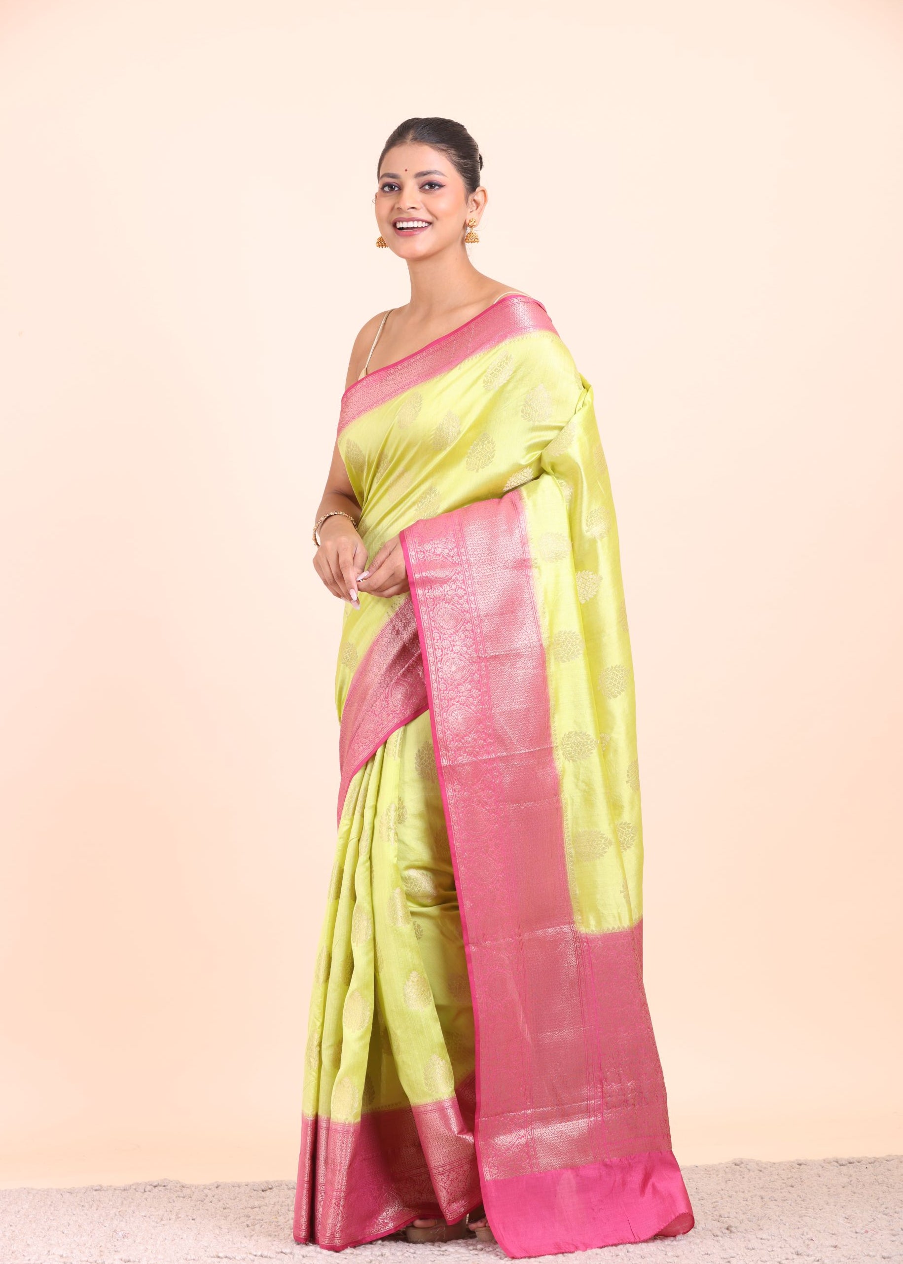 Lime Green and Pink Soft Silk saree front
