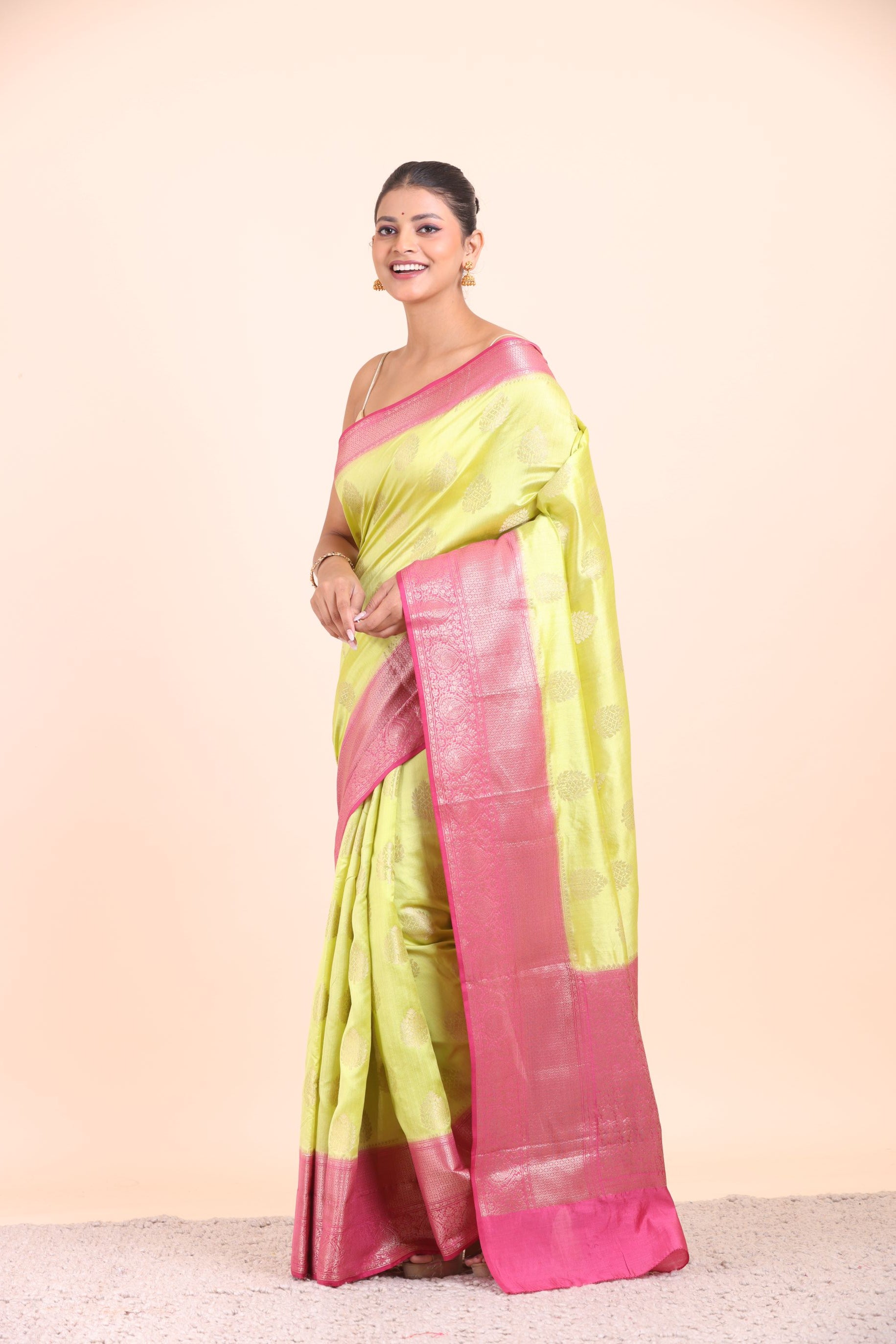 Lime Green and Pink Soft Silk saree front