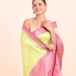 Lime Green and Pink Soft Silk saree close up