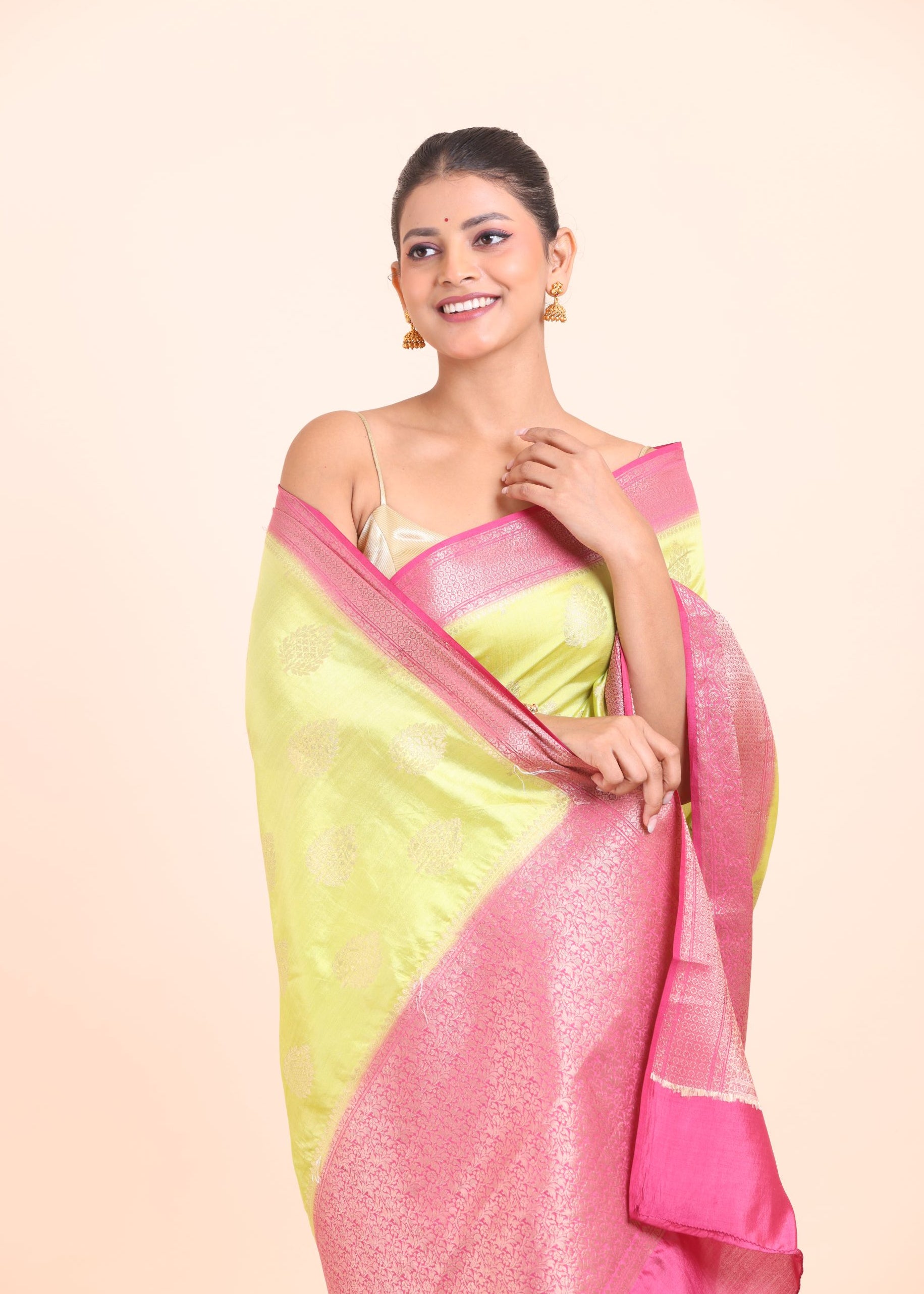 Lime Green and Pink Soft Silk saree close up