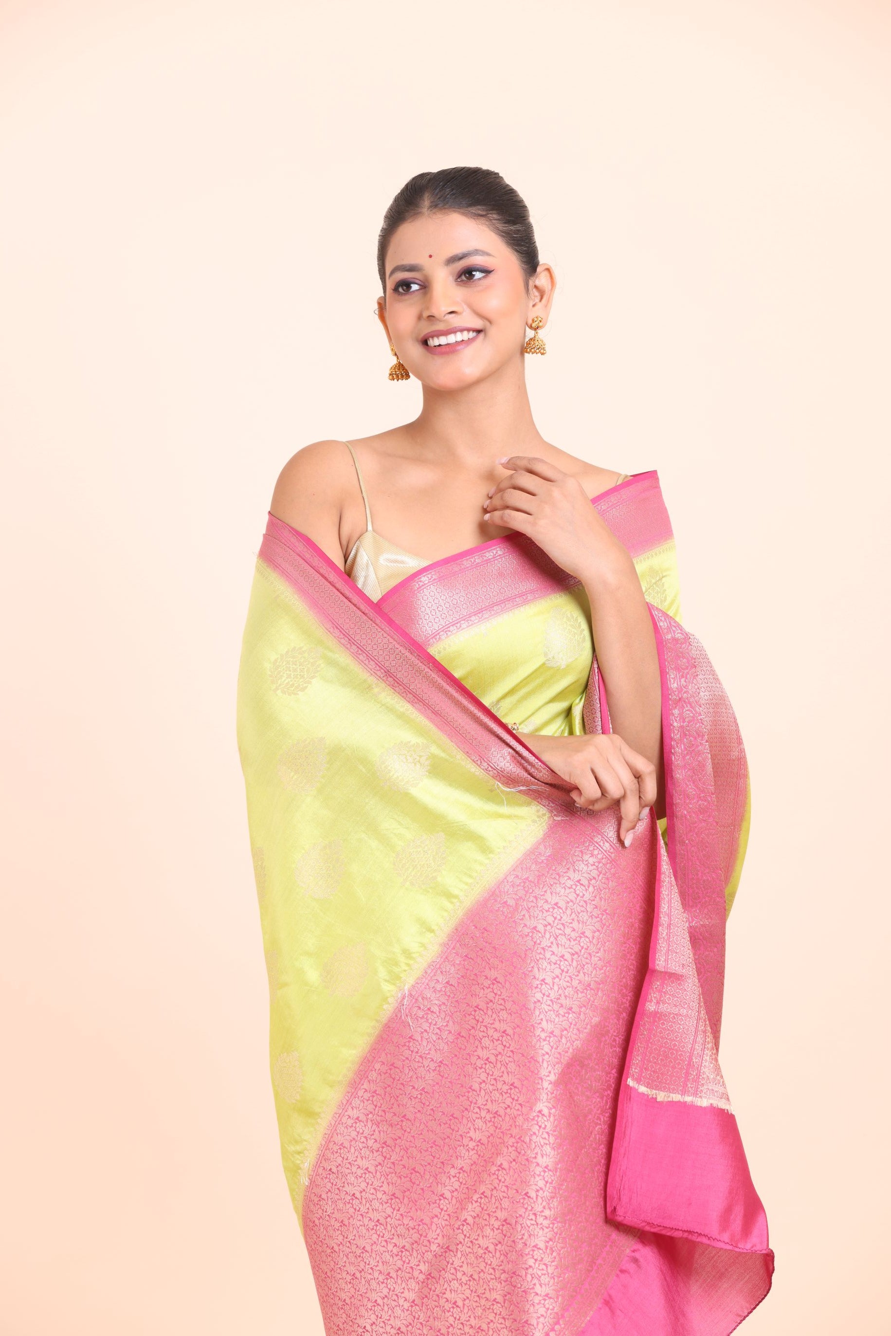Lime Green and Pink Soft Silk saree close up