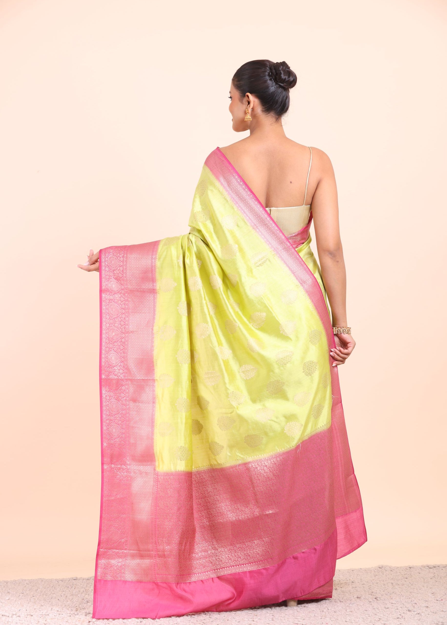 Lime Green and Pink Soft Silk saree back