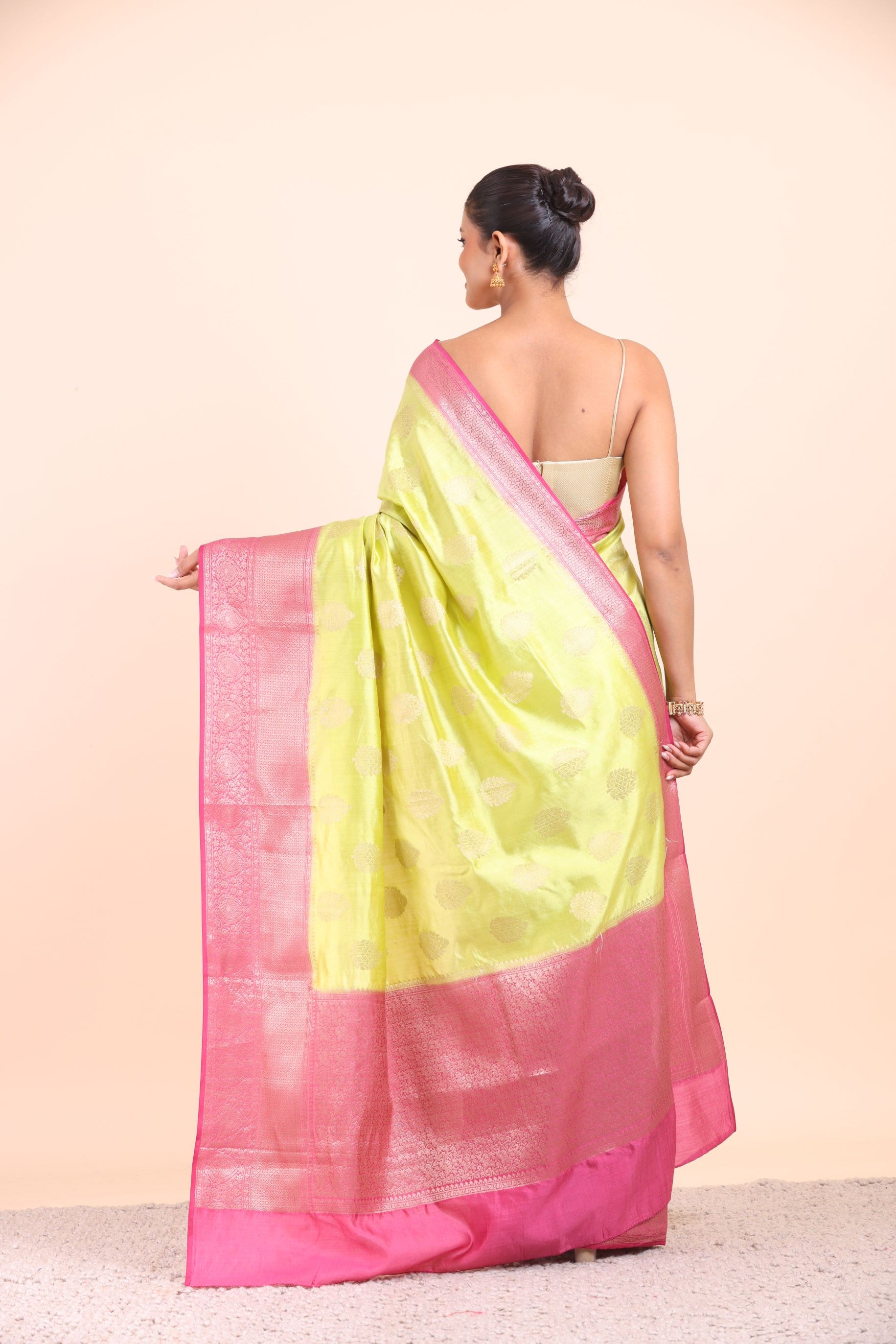 Lime Green and Pink Soft Silk saree back