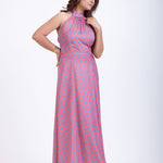 Long Orange Grey Satin Halter Neck Dress Side
