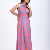 Long Orange Grey Satin Halter Neck Dress Side
