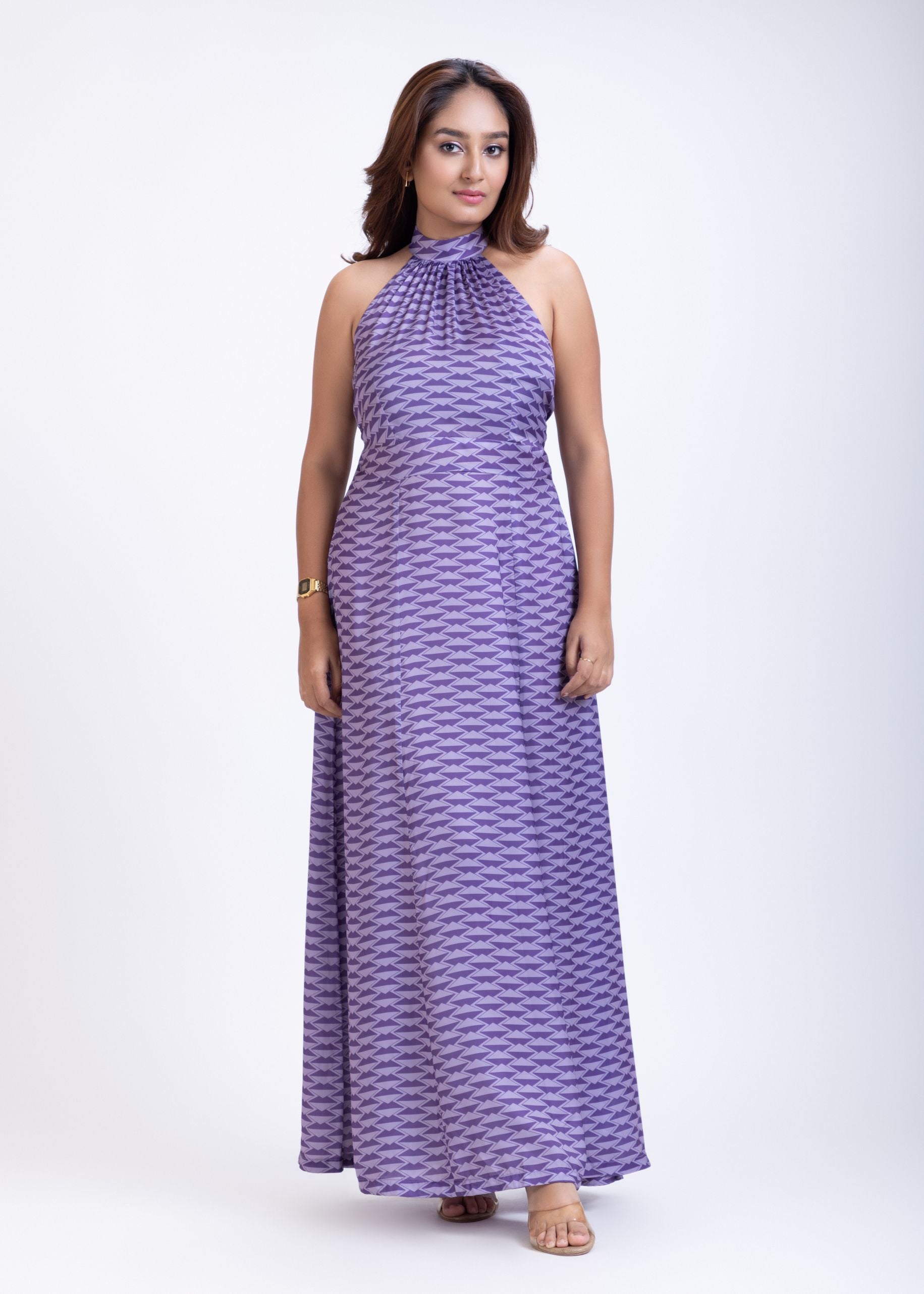 Long Purple Satin Halter Neck Dress Full
