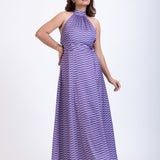Long Purple Satin Halter Neck Dress Front
