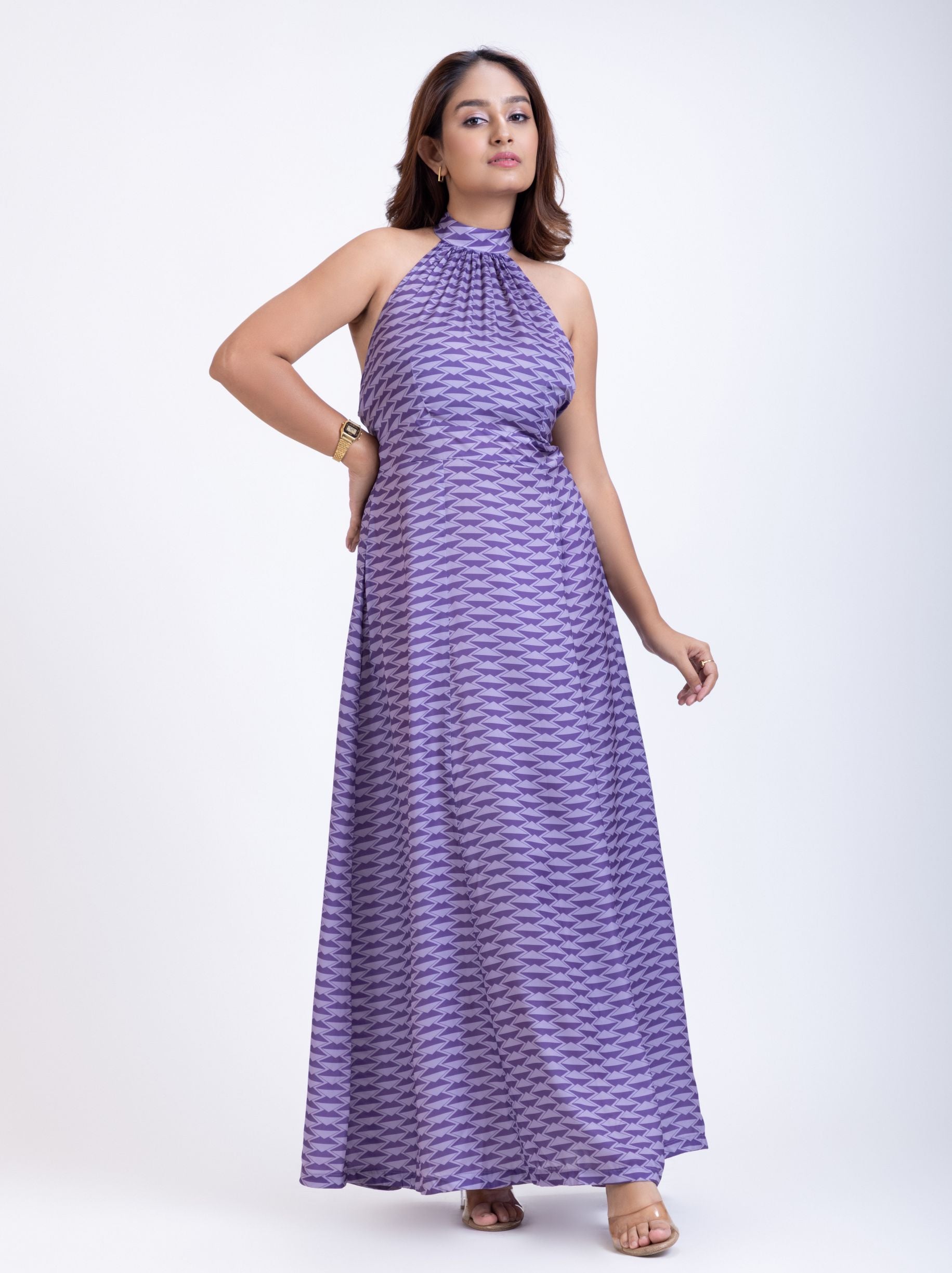 Long Purple Satin Halter Neck Dress Front
