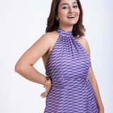 Long Purple Satin Halter Neck Dress Close Up
