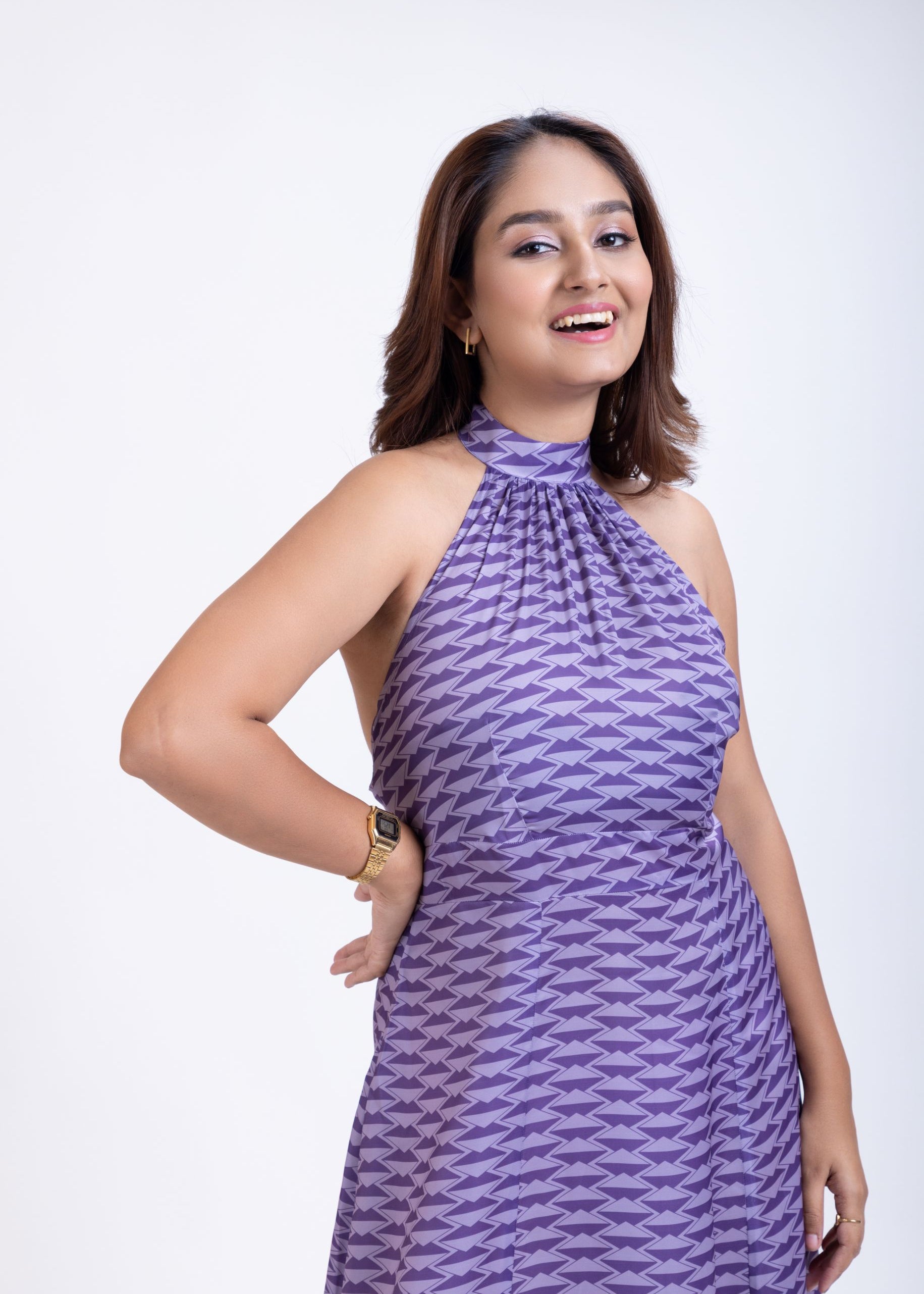 Long Purple Satin Halter Neck Dress Close Up

